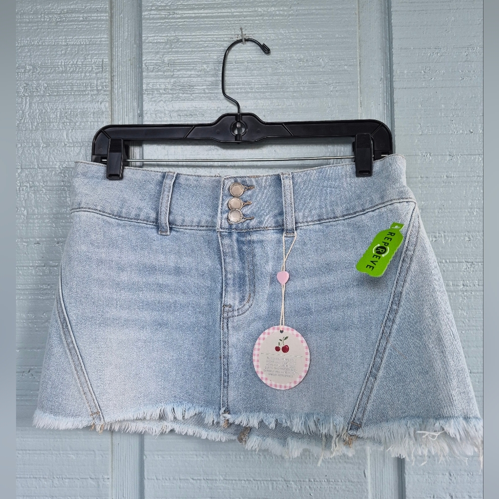 NWT Project Rebel Blue Denim Frayed Hem Micro Mini Skirt Jrs M Zip Front Y2K